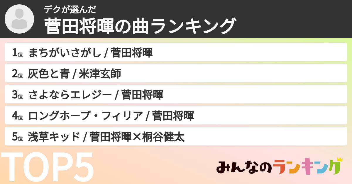 デクさんの「菅田将暉の曲ランキング」
