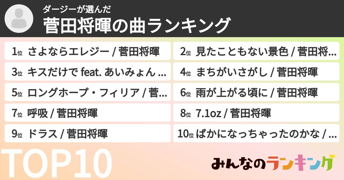 ダージーさんの「菅田将暉の曲ランキング」