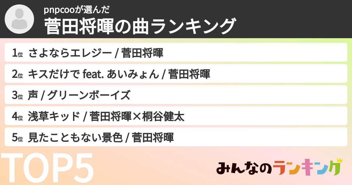 pnpcooさんの「菅田将暉の曲ランキング」