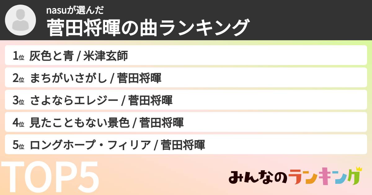 nasuさんの「菅田将暉の曲ランキング」