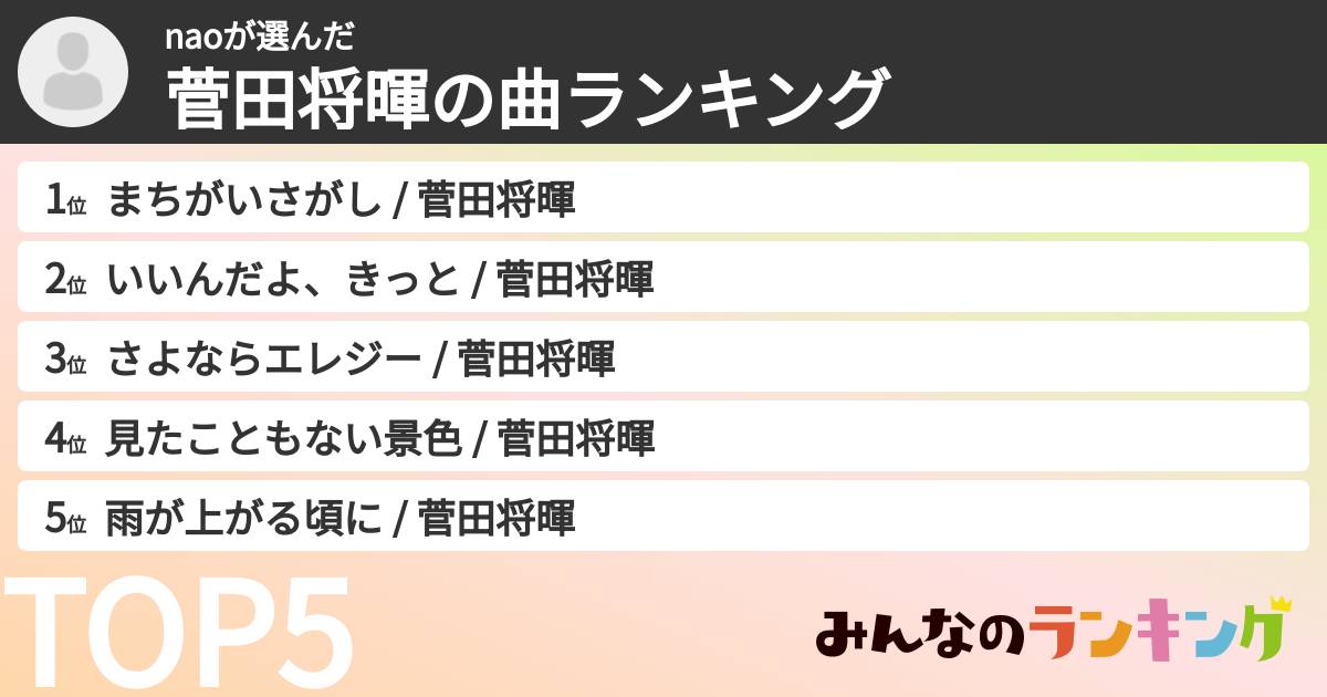 naoさんの「菅田将暉の曲ランキング」