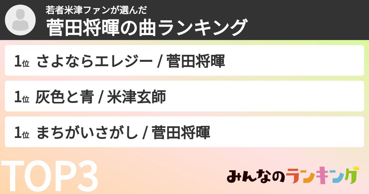 若者米津ファンさんの「菅田将暉の曲ランキング」