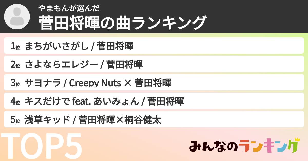 やまもんさんの「菅田将暉の曲ランキング」