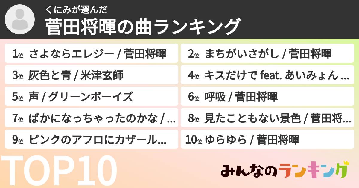 くにみさんの「菅田将暉の曲ランキング」