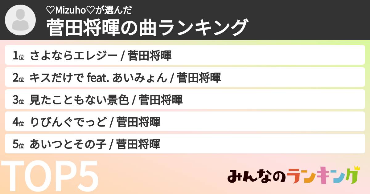 ♡Mizuho♡さんの「菅田将暉の曲ランキング」