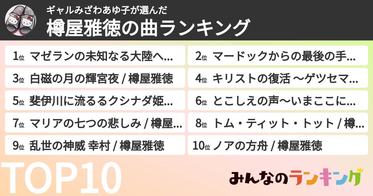 ギャルみざわあゆ子さんの「樽屋雅徳の曲ランキング」