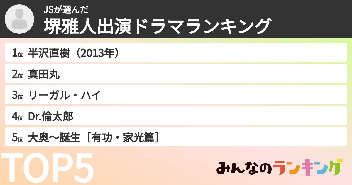 JSさんの「堺雅人出演ドラマランキング」