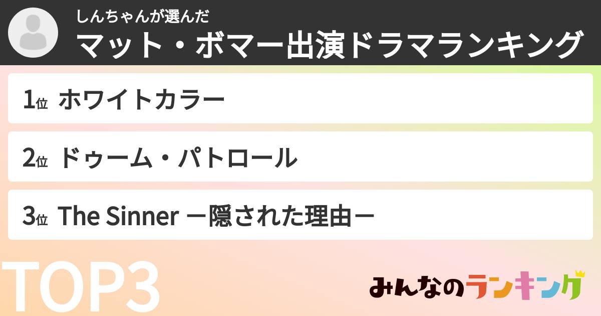 しんちゃんさんの「マット・ボマー出演ドラマランキング」