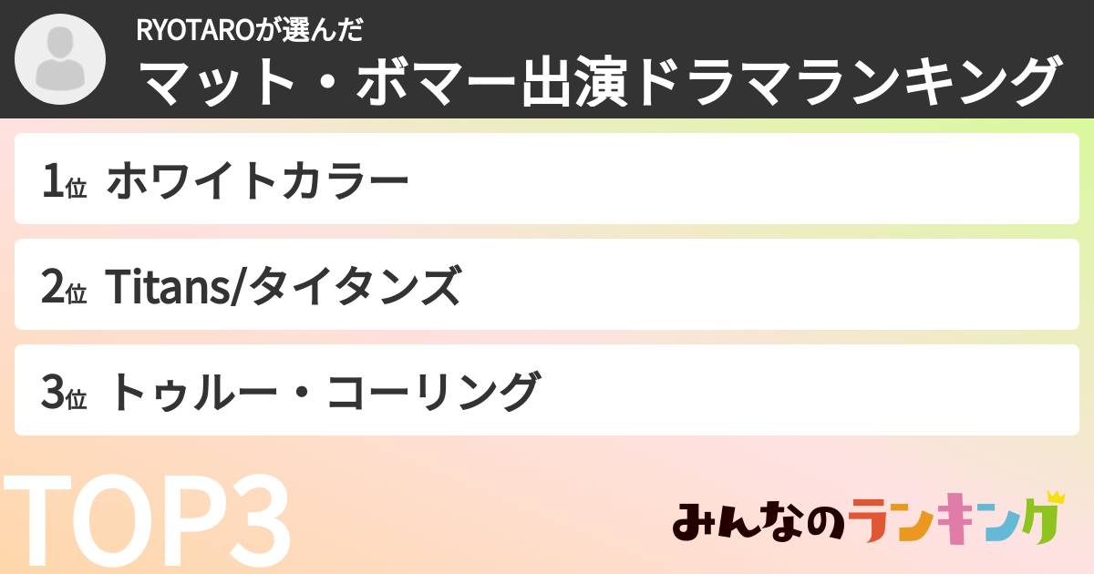 RYOTAROさんの「マット・ボマー出演ドラマランキング」