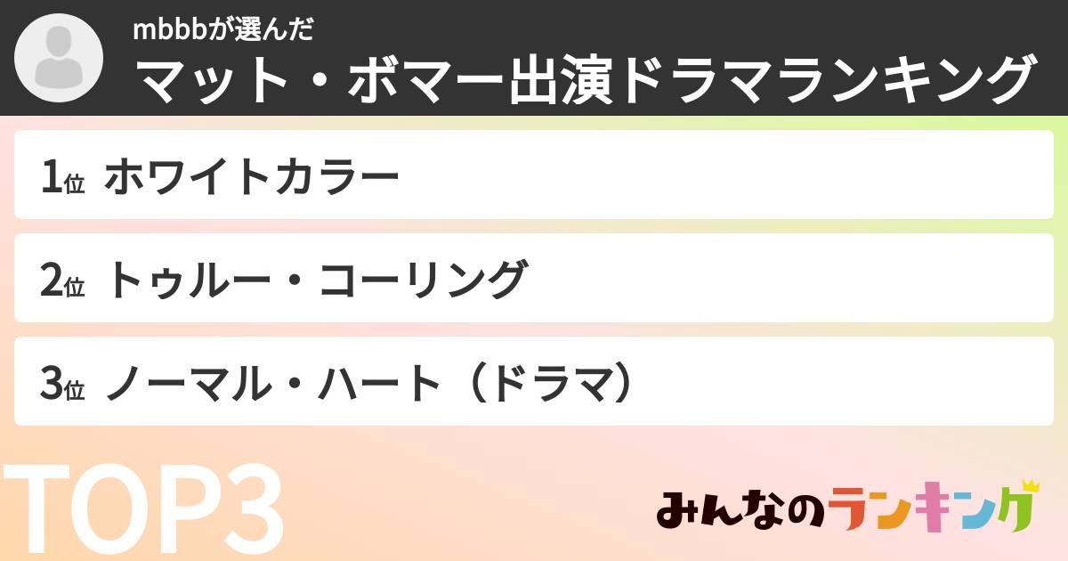 mbbbさんの「マット・ボマー出演ドラマランキング」