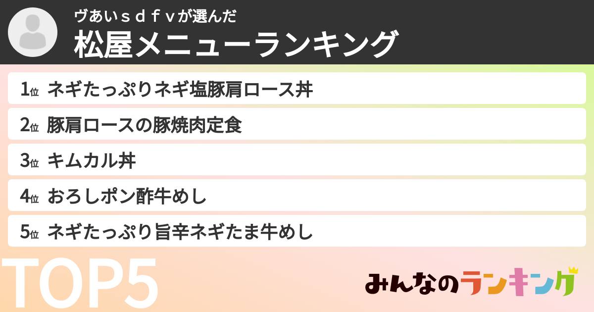 ヴあいｓｄｆｖさんの「松屋メニューランキング」