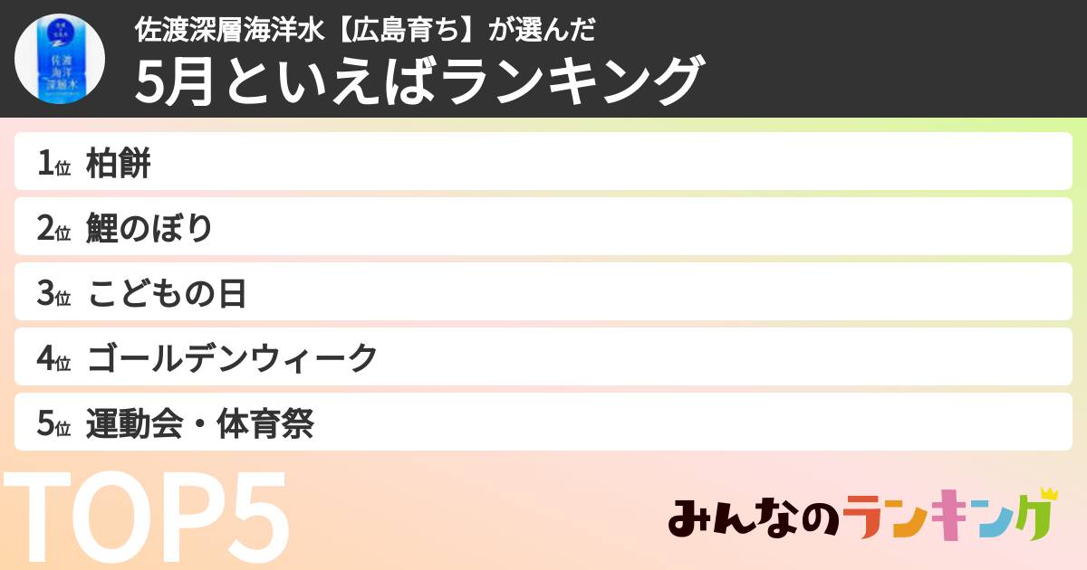 佐渡深層海洋水【広島育ち】さんの「5月といえばランキング」