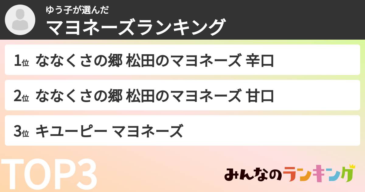ゆう子さんの「マヨネーズランキング」