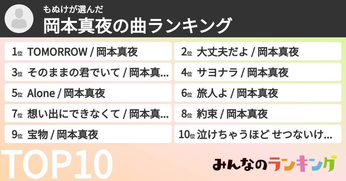 もぬけさんの「岡本真夜の曲ランキング」