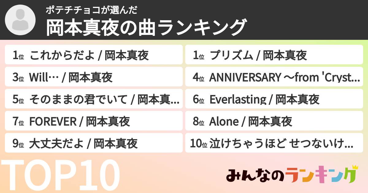 ポテチチョコさんの「岡本真夜の曲ランキング」