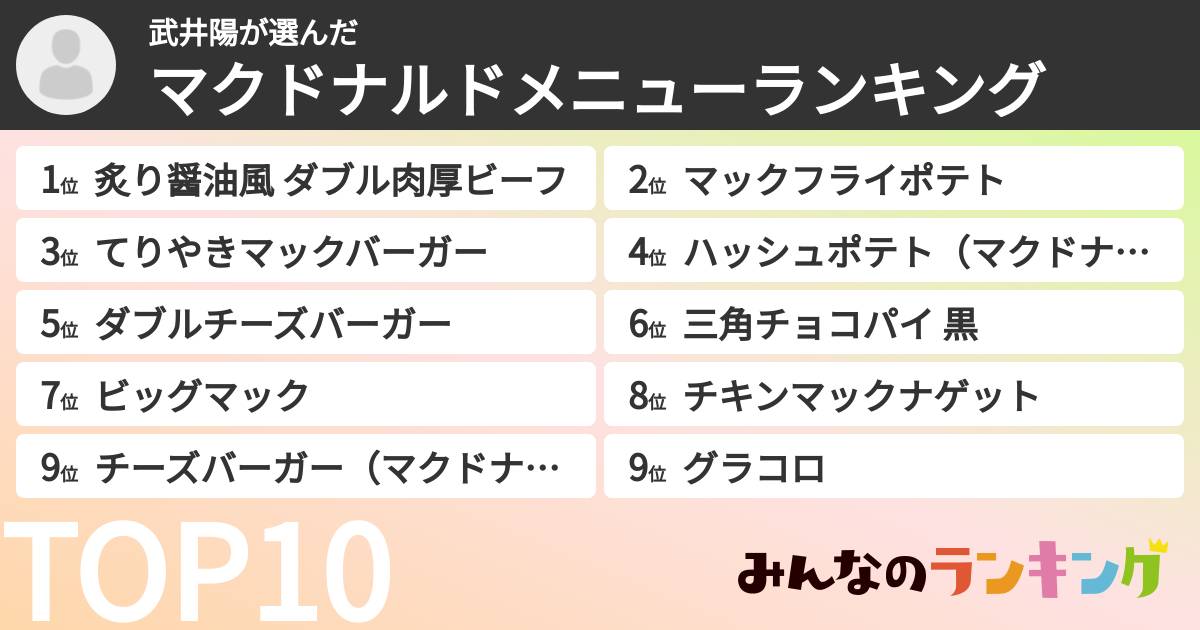 武井陽さんの「マクドナルドメニューランキング」