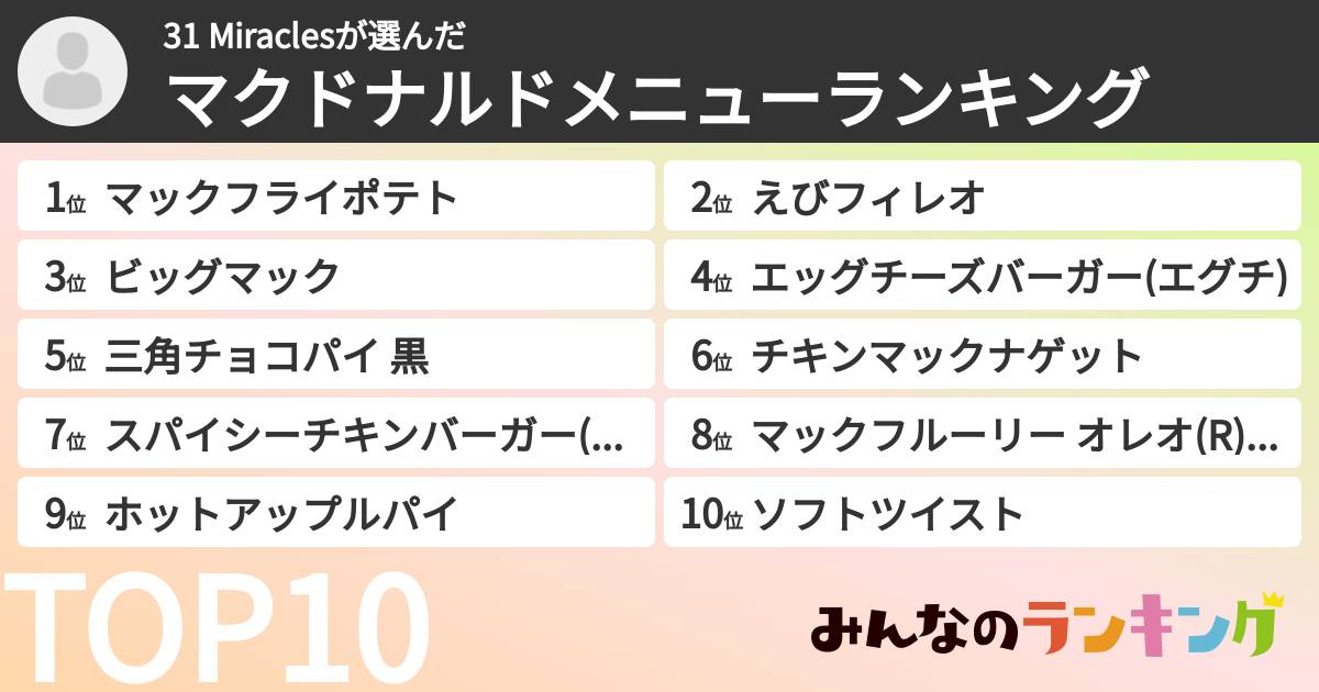 31 Miraclesさんの「マクドナルドメニューランキング」