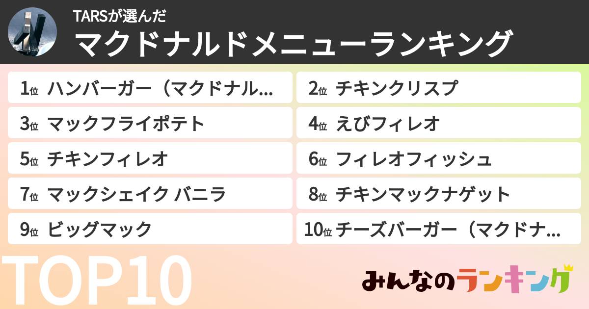 TARSさんの「マクドナルドメニューランキング」