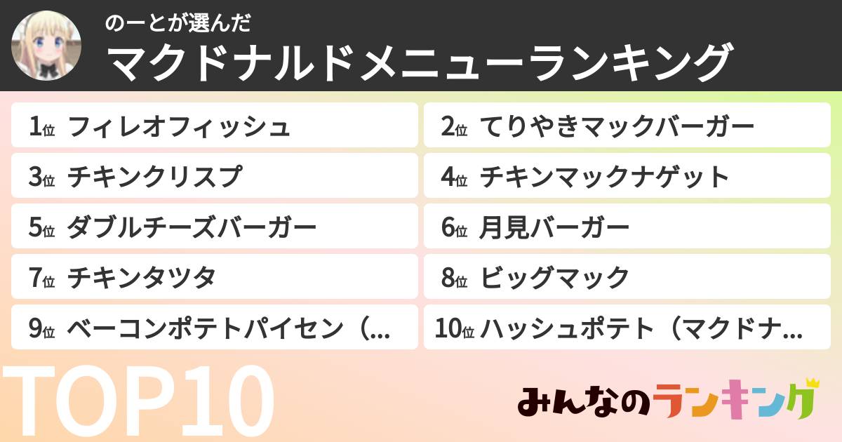 のーとさんの「マクドナルドメニューランキング」