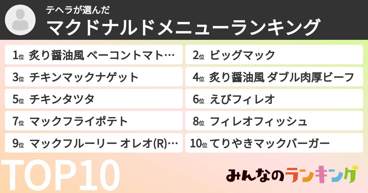 テヘラさんの「マクドナルドメニューランキング」