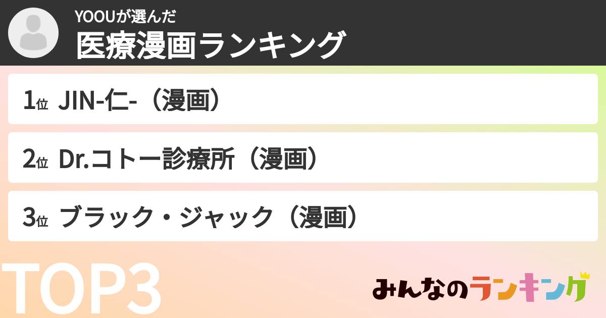 YOOUさんの「医療漫画ランキング」
