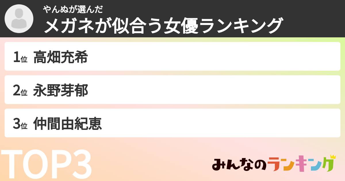やんぬさんの「メガネが似合う女優ランキング」