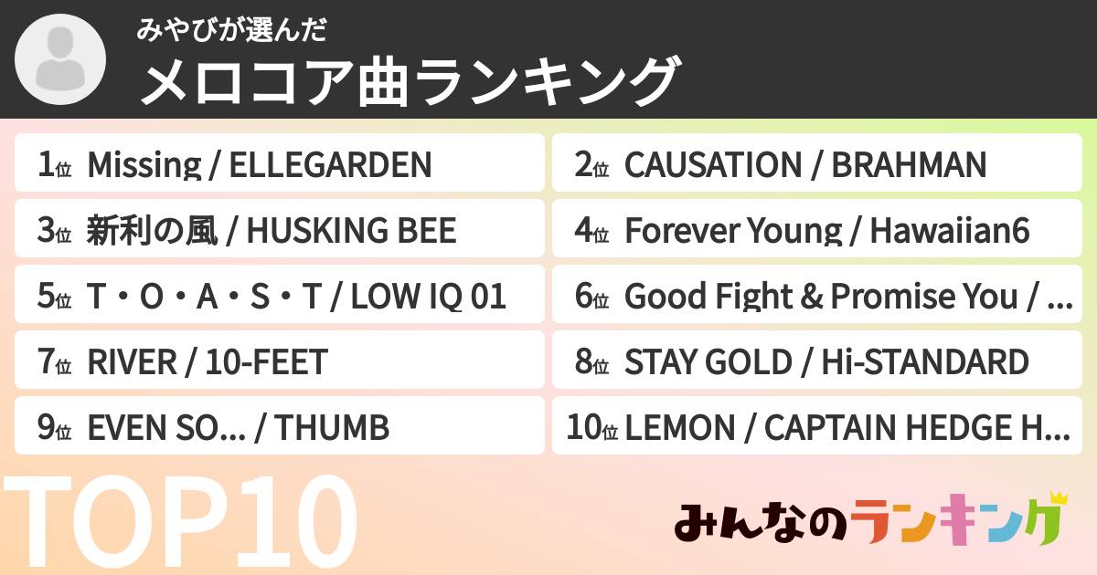 みやびさんの「メロコア曲ランキング」