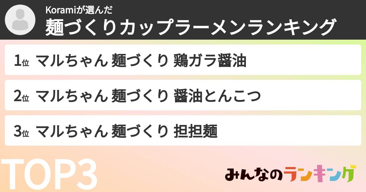 Koramiさんの「麺づくりカップラーメンランキング」