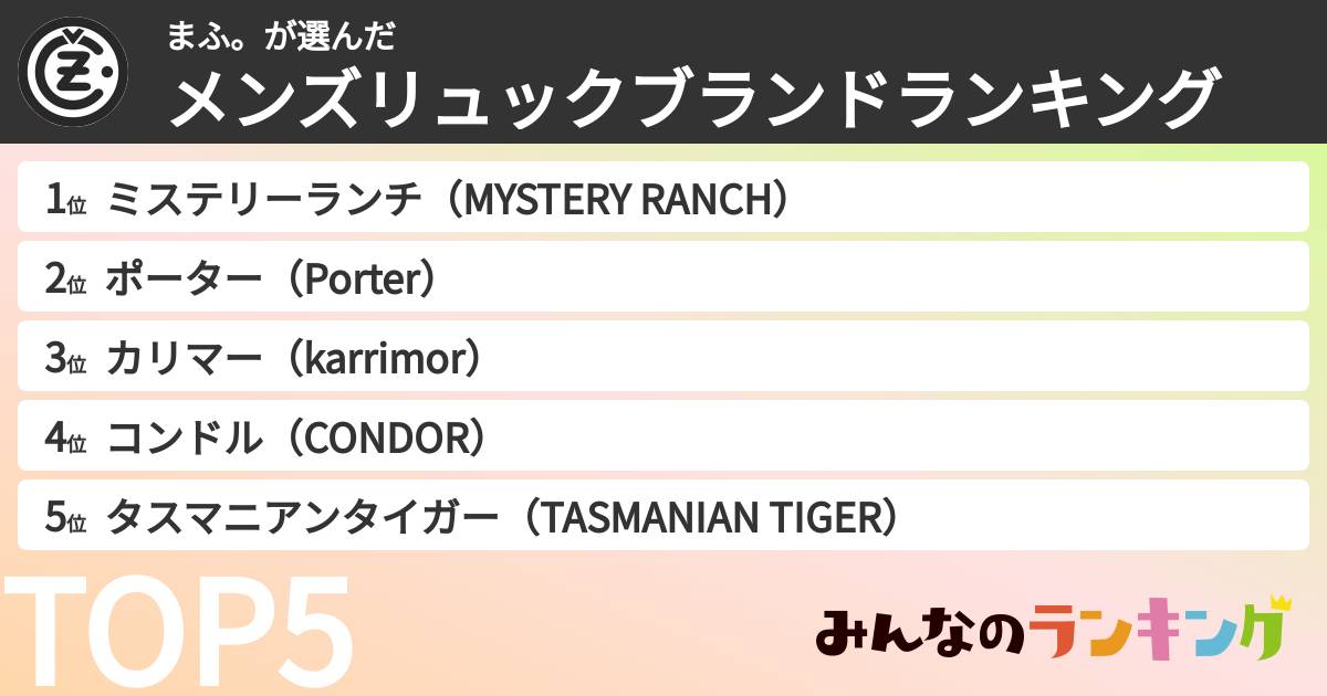 まふ。さんの「メンズリュックブランドランキング」