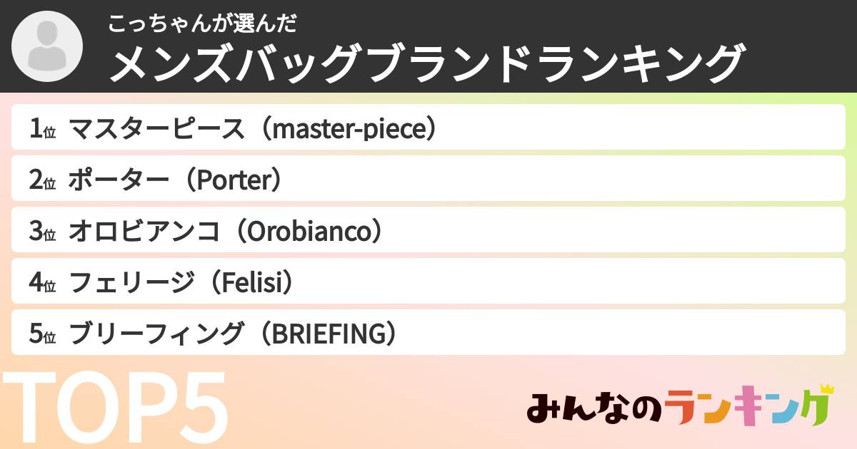 こっちゃんさんの「メンズバッグブランドランキング」
