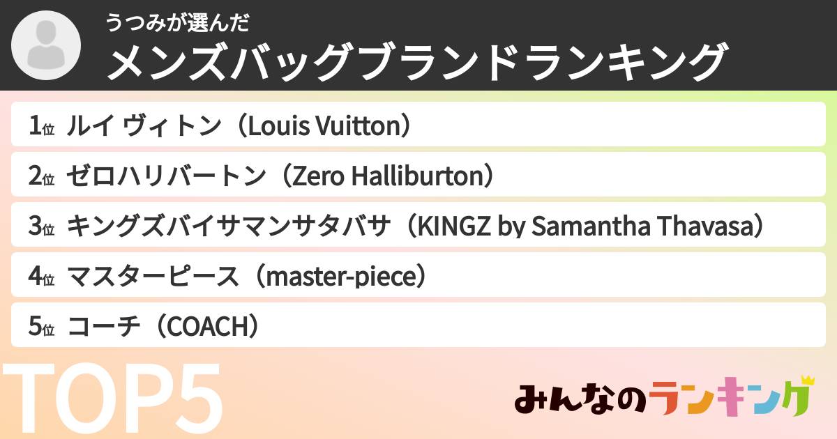 うつみさんの「メンズバッグブランドランキング」