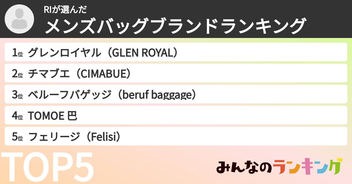 RIさんの「メンズバッグブランドランキング」