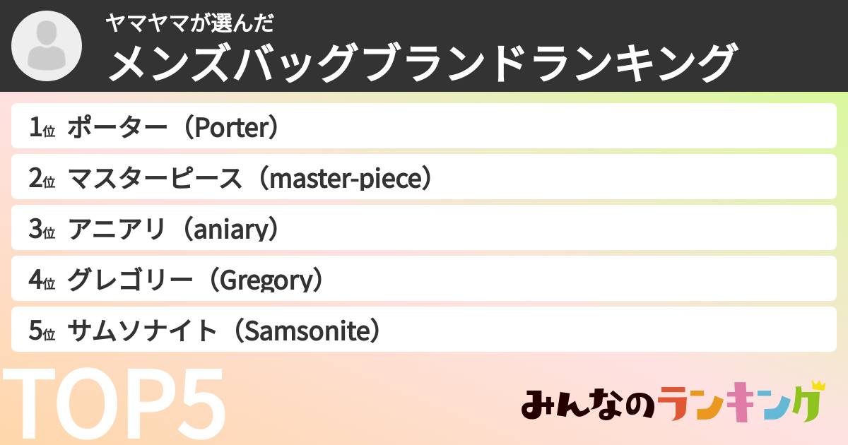 ヤマヤマさんの「メンズバッグブランドランキング」