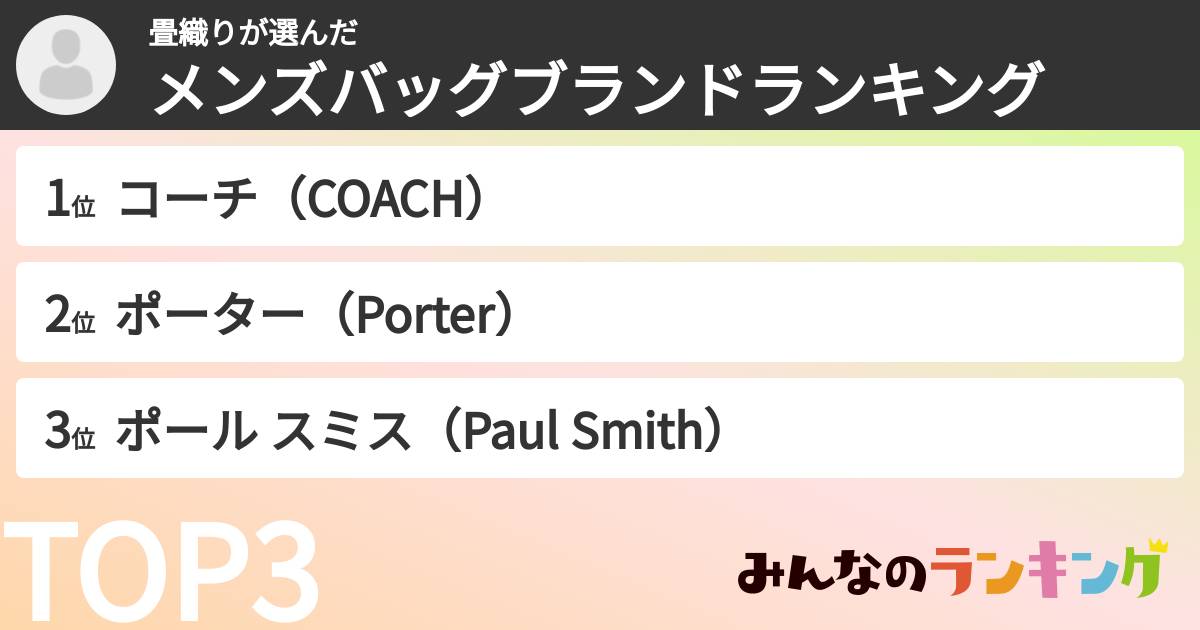 畳織りさんの「メンズバッグブランドランキング」