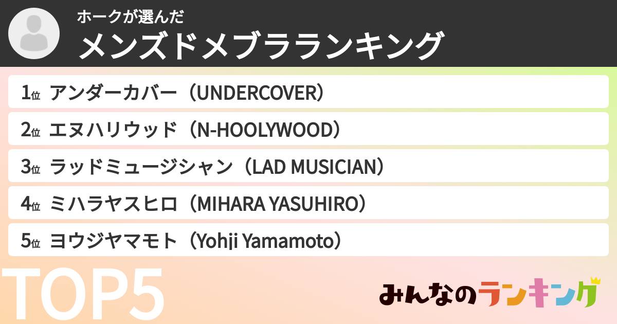 ホークさんの「メンズドメブラランキング」
