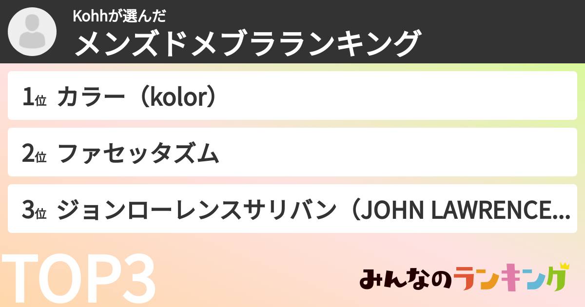 Kohhさんの「メンズドメブラランキング」