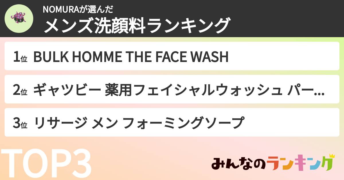 NOMURAさんの「メンズ洗顔料ランキング」