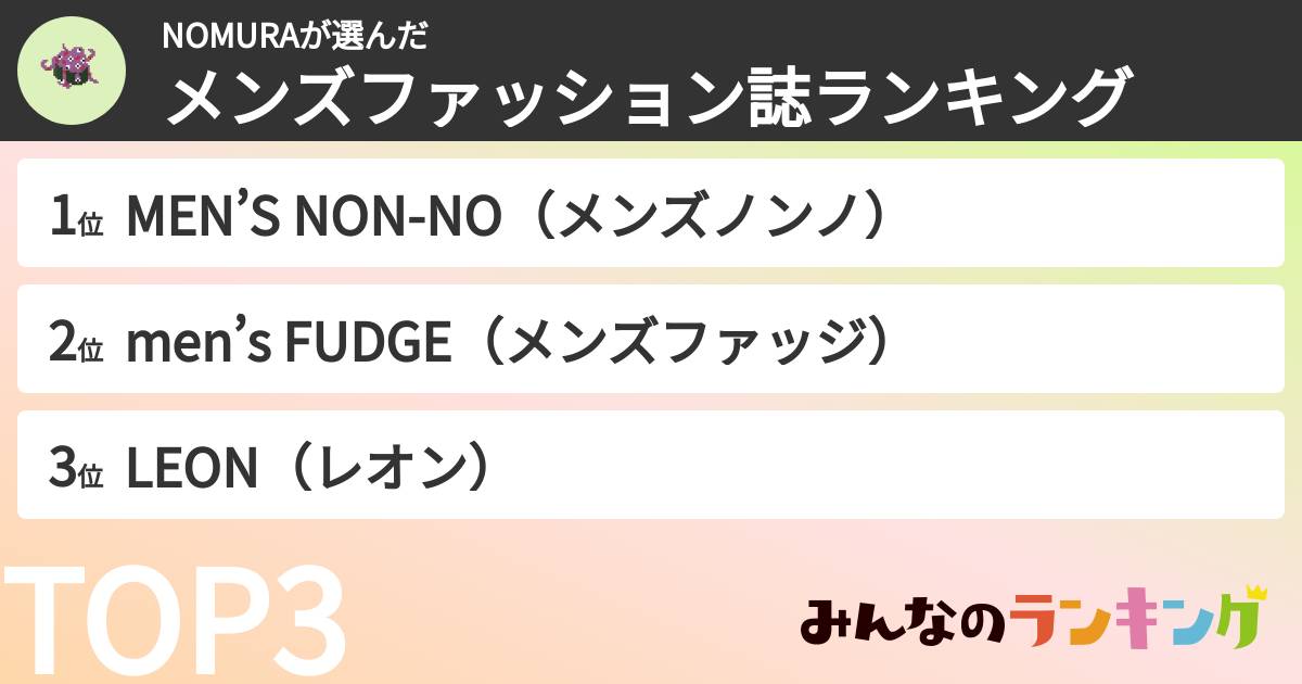 NOMURAさんの「メンズファッション誌ランキング」