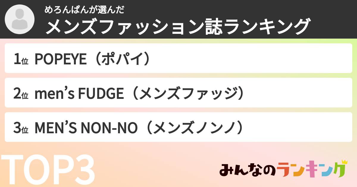 めろんぱんさんの「メンズファッション誌ランキング」