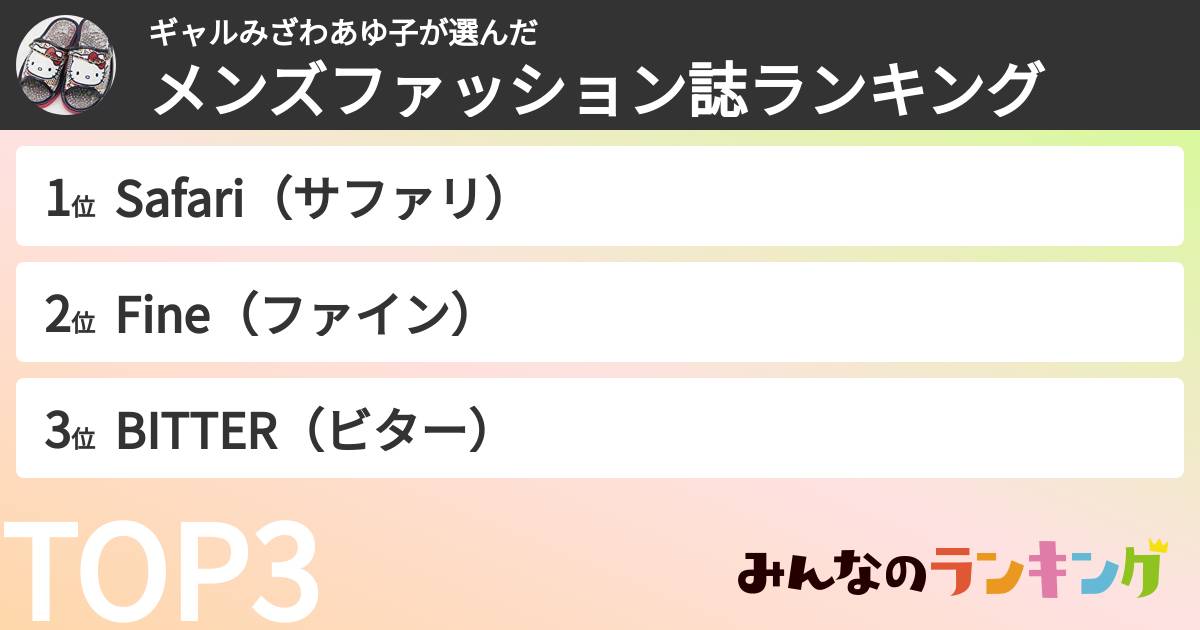 ギャルみざわあゆ子さんの「メンズファッション誌ランキング」
