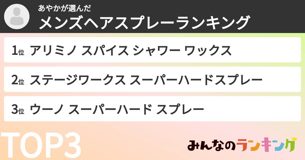 あやかさんの「メンズヘアスプレーランキング」