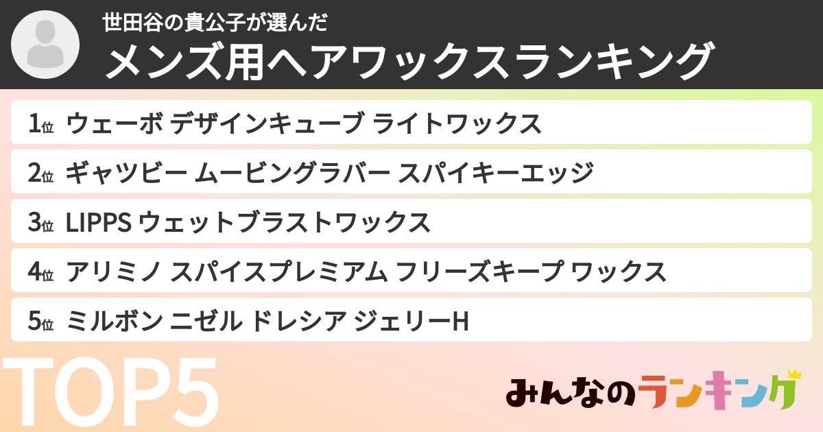 世田谷の貴公子さんの「メンズ用へアワックスランキング」