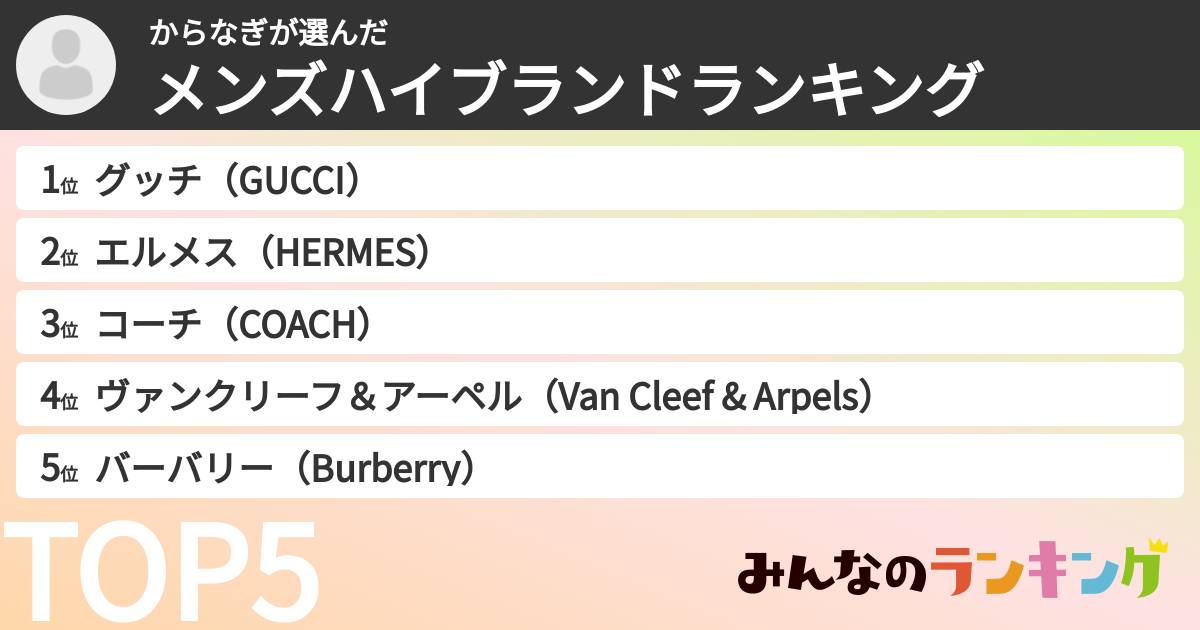 からなぎさんの「メンズハイブランドランキング」