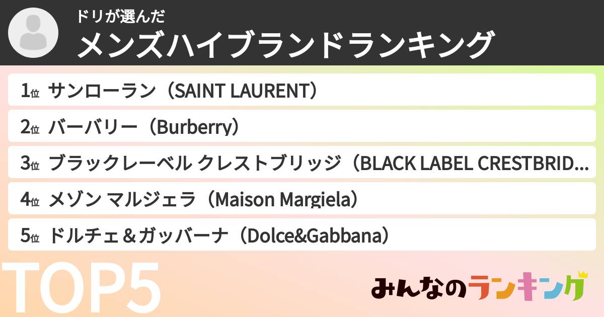 ドリさんの「メンズハイブランドランキング」