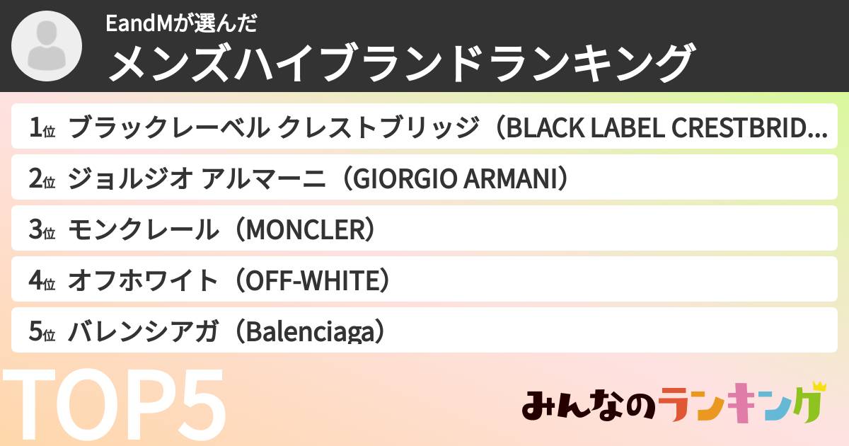 EandMさんの「メンズハイブランドランキング」