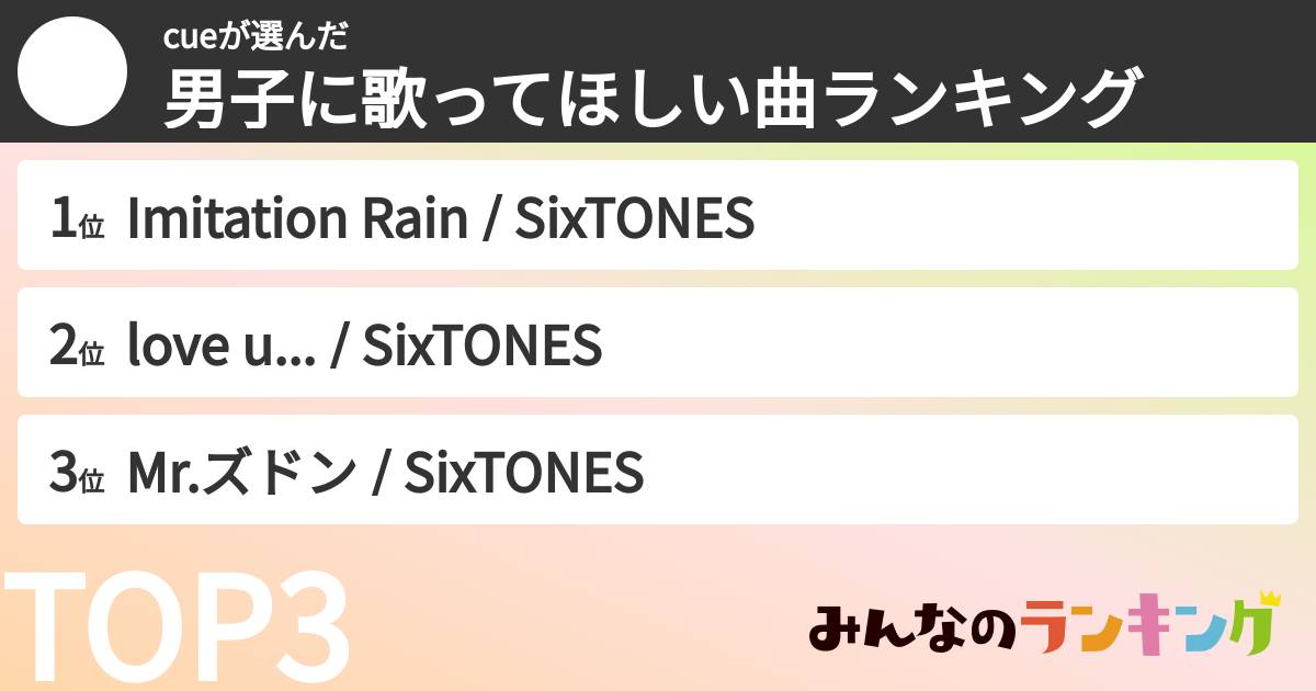 cueさんの「男子に歌ってほしい曲ランキング」