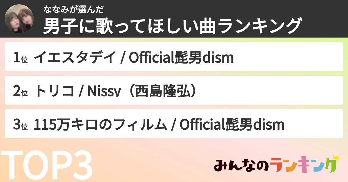 ななみさんの「男子に歌ってほしい曲ランキング」
