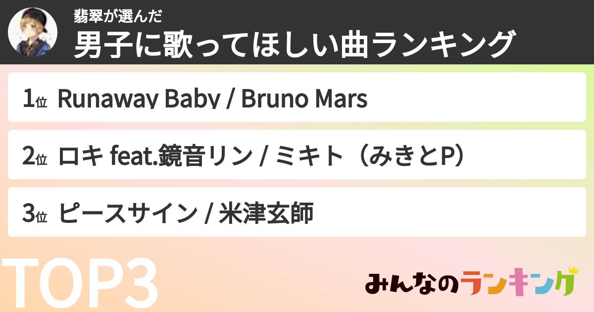 翡翠さんの「男子に歌ってほしい曲ランキング」