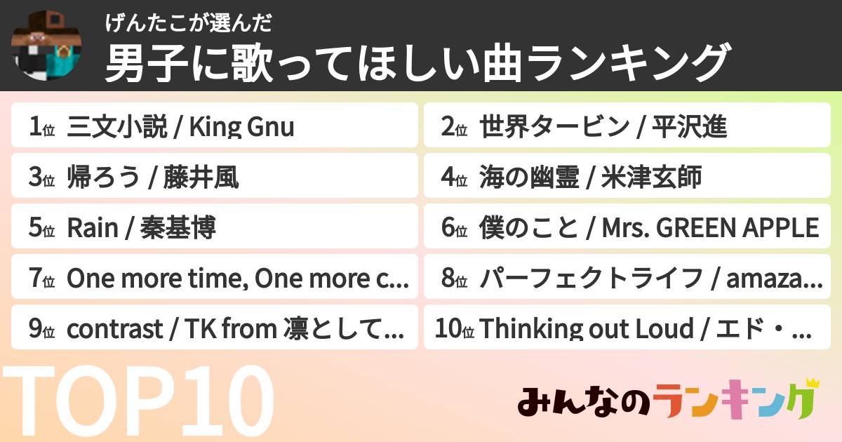 げんたこさんの「男子に歌ってほしい曲ランキング」
