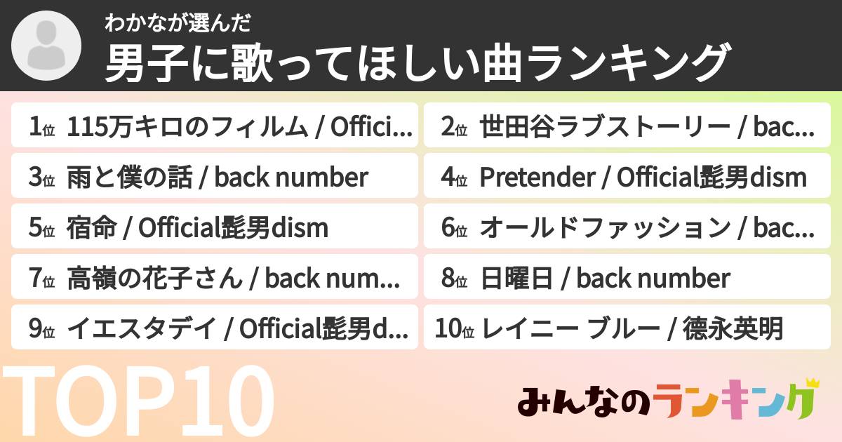 わかなさんの「男子に歌ってほしい曲ランキング」